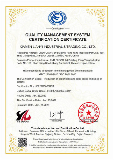 الصين Lianyi International industrial and trading co.,Ltd الشهادات